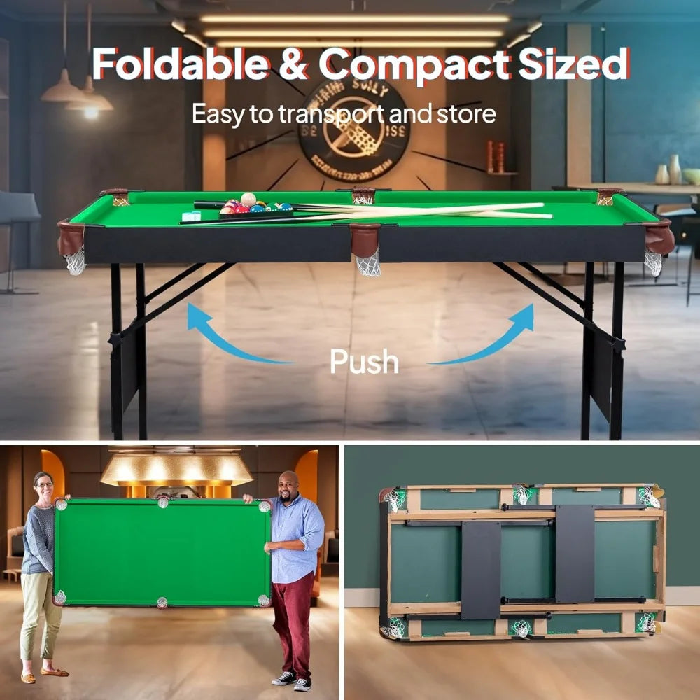 55" Portable Folding Pool Table, Pool Game Table with Cues, Ball, Rack, Brush, Chalk for Indoor & Outdoor